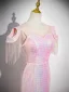 Sparkly Blushing Pink Sequins Beading Tassel Evening Dresses 2024 Trumpet / Mermaid Scoop Neck Short Sleeve Floor-Length / Long Evening Party Formal Dresses
