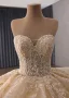 Luxury / Gorgeous Bling Bling Champagne Beading Sequins Lace Flower Cascading Ruffles Wedding Dresses 2026 Ball Gown Strapless Sleeveless Backless Chapel Train