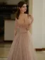 Chic / Beautiful Champagne Sequins Prom Dresses 2025 A-Line / Princess One-Shoulder Short Sleeve Backless Sweep Train Formal Dresses