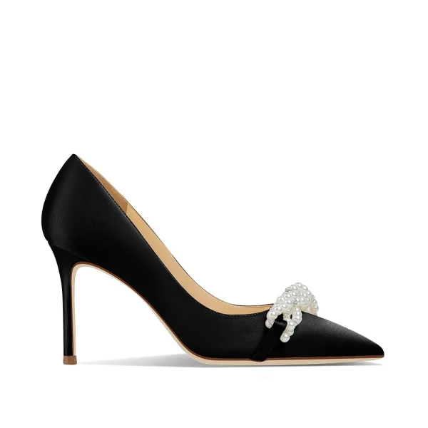 Charmant Schwarz Perle Abend Pumps 2024 Leder 8 cm Stilettos Spitzschuh Pumps Hochhackige