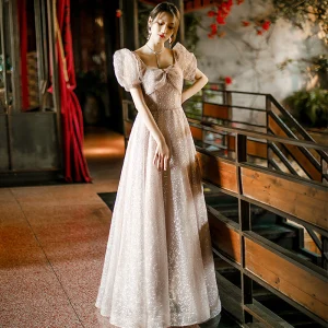 Charmant Rougissant Rose Paillettes Robe De Bal 2022 Princesse Encolure Carrée Gonflée Manches Courtes Dos Nu Longue Promo Robe De Ceremonie