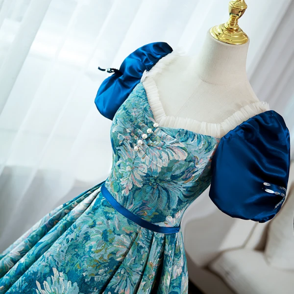 Elegant Pool Blue Printing Prom Dresses 2022 Ball Gown Square Neckline Puffy Short Sleeve Backless Bow Sash Floor-Length / Long Prom Formal Dresses