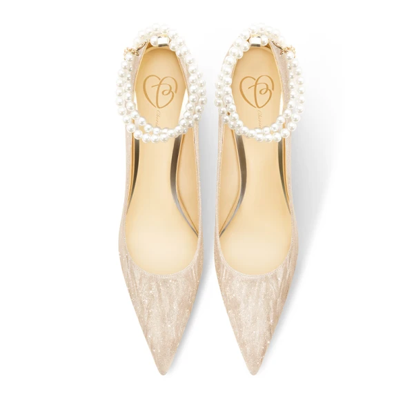 Charmant Gold Pailletten Perle Knöchelriemen Brautschuhe 2023 Leder 8 cm Stilettos Spitzschuh Hochzeit Pumps Hochhackige