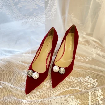 Mooie Prachtige Bordeaux Suede Bruidsschoenen 2022 10 Cm Naaldhakken Stiletto Leer Parel Rhinestone Spitse Neus Huwelijk Pumps Hoge Hakken