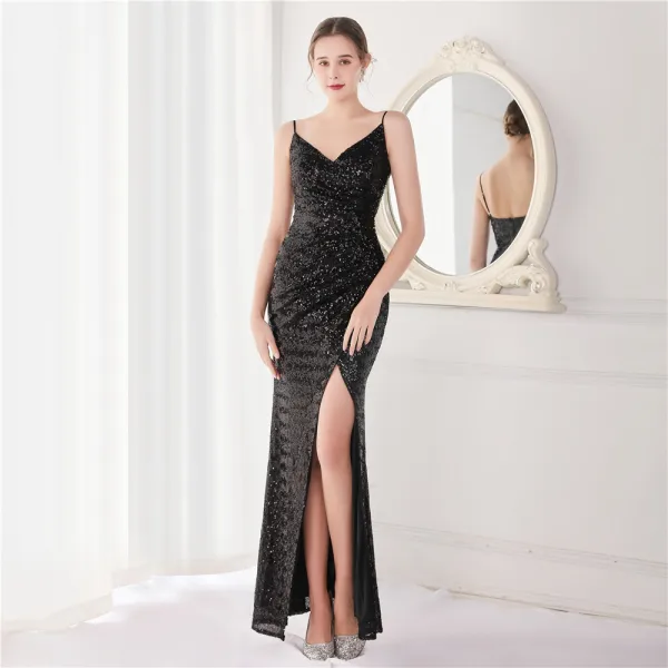 Sexy Beige Paillettes Robe De Soirée 2022 Trompette / Sirène Bretelles Spaghetti Sans Manches Dos Nu Longue Soirée Robe De Ceremonie