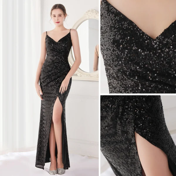 Sexy Beige Paillettes Robe De Soirée 2022 Trompette / Sirène Bretelles Spaghetti Sans Manches Dos Nu Longue Soirée Robe De Ceremonie