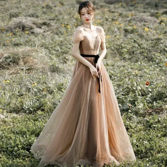 Chic Beautiful Champagne Spotted Prom Dresses 2022 A Line Princess Off The Shoulder Short Sleeve Backless Sash Bow Floor Length Long Prom Formal Dresses