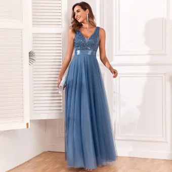 Chic Beautiful Ocean Blue Lace Flower Sequins Evening Dresses 2024 A Line Princess V Neck Sleeveless Backless Floor Length Long Evening Party Formal Dresses
