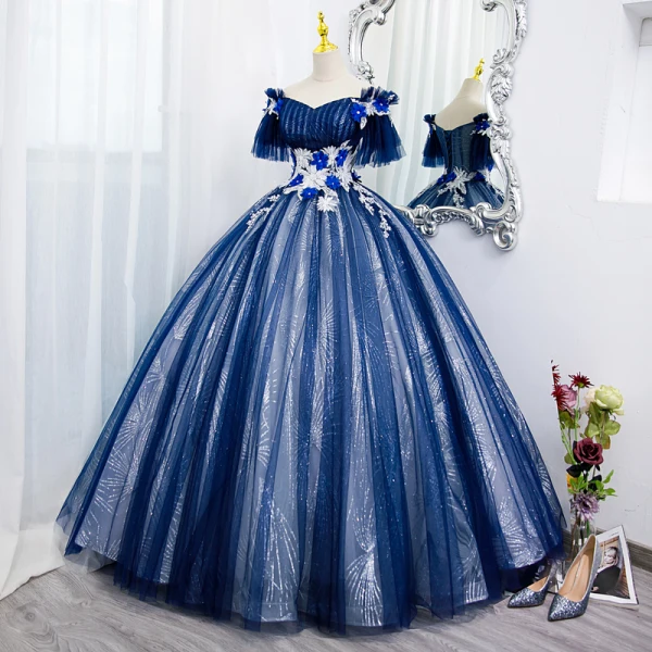 Elegant Royal Blue Beading Appliques Sequins Prom Dresses 2022 Ball Gown Off-The-Shoulder Short Sleeve Backless Floor-Length / Long Prom Formal Dresses
