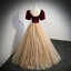 Classic Burgundy Star Sequins Formal Dresses 2022 Ball Gown Square Neckline Suede Short Sleeve Backless Bow Floor-Length / Long Prom Prom Dresses