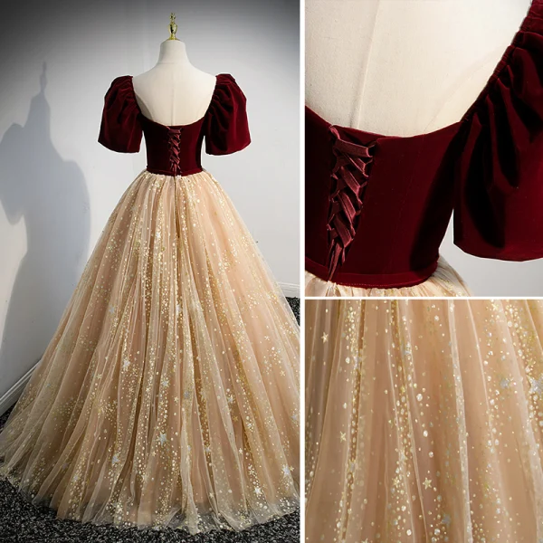 Classic Burgundy Star Sequins Formal Dresses 2022 Ball Gown Square Neckline Suede Short Sleeve Backless Bow Floor-Length / Long Prom Prom Dresses