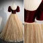 Classic Burgundy Star Sequins Formal Dresses 2022 Ball Gown Square Neckline Suede Short Sleeve Backless Bow Floor-Length / Long Prom Prom Dresses