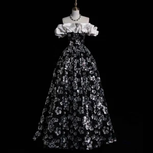Chic Belle Noire Paillettes Fleur Robe De Bal 2023 Princesse Volants De L Épaule Manches Courtes Dos Nu Longue Promo Robe De Ceremonie