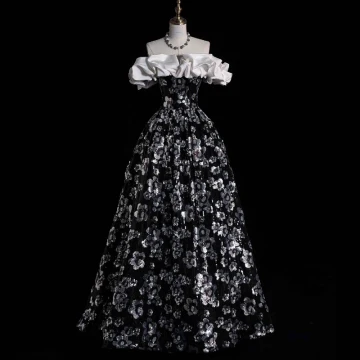 Chic Beautiful Black Sequins Flower Prom Dresses 2023 A Line Princess Ruffle Off The Shoulder Short Sleeve Backless Floor Length Long Prom Formal Dresses
