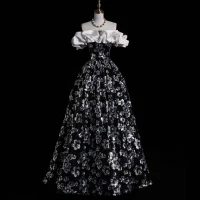 Hermoso Negro Lentejuelas Flor Vestidos de gala 2023 A-Line / Princess Ruffle Fuera Del Hombro Manga Corta Sin Espalda Largos Gala Vestidos Formales