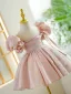 Chic / Beautiful Blushing Pink Beading Pearl Birthday Flower Girl Dresses 2023 Ball Gown Scoop Neck Puffy Short Sleeve Short