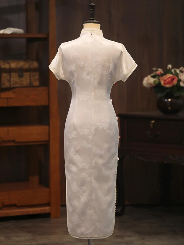Chinese style White Printing Silk Evening Party Cheongsam 2024 Trumpet / Mermaid High Neck Short Sleeve Tea-length