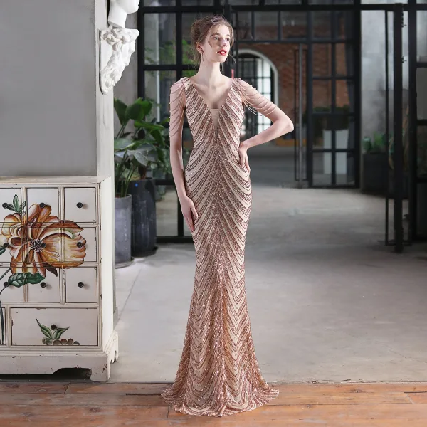Charming White Beading Sequins Evening Dresses 2023 Trumpet / Mermaid V-Neck Sleeveless Backless Floor-Length / Long Evening Party Formal Dresses