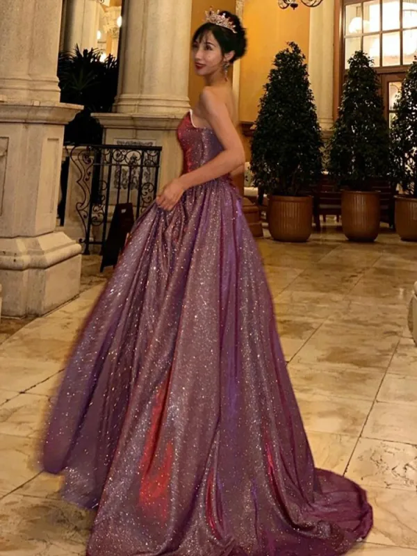 Sexy Traube Glanz Ballkleider 2024 A Linie Bandeau Ärmellos Rückenfreies Sweep / Pinsel Zug Ball Festliche Kleider