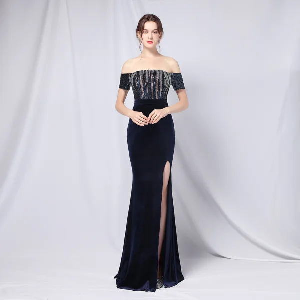 Sexy Black Sequins Evening Dresses 2022 Trumpet / Mermaid Off-The-Shoulder Short Sleeve Backless Split Front Floor-Length / Long Prom Formal Dresses
