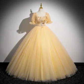 Élégant Champagne Perlage Paillettes Robe De Bal 2024 Robe Boule Encolure Carrée Manches Courtes Dos Nu Longue Promo Robe De Ceremonie