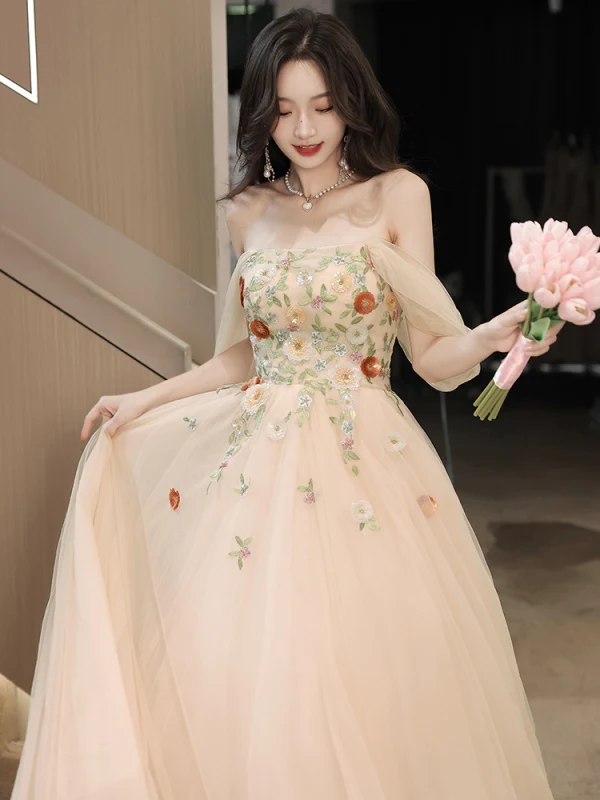 Charming Blushing Pink Sequins Lace Flower Prom Dresses 2023 A-Line / Princess Off-The-Shoulder Sleeveless Backless Floor-Length / Long Prom Formal Dresses
