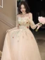 Charming Blushing Pink Sequins Lace Flower Prom Dresses 2023 A-Line / Princess Off-The-Shoulder Sleeveless Backless Floor-Length / Long Prom Formal Dresses