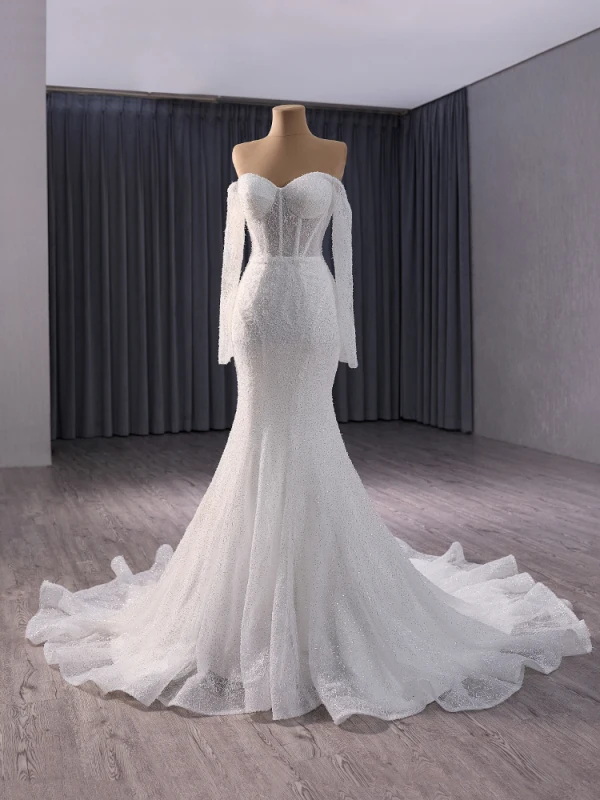 Haut de Gamme Blanche Fait main Perlage Paillettes Robe De Mariée 2024 Trompette / Sirène De l'épaule Manches Longues Dos Nu Tribunal Train Mariage