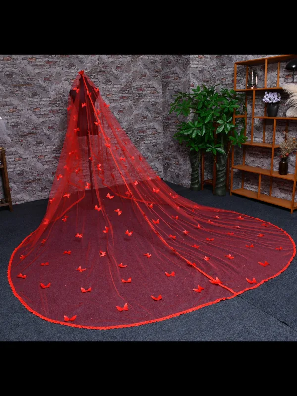 Chic / Beautiful Red Butterfly Chapel Train Wedding Veils 2025 3.5 m Tulle