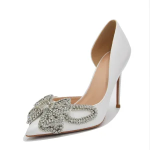 Charming White Leather Rhinestone Butterfly Wedding Shoes 2022 Pointed Toe 10 Cm Stiletto Heels Wedding High Heels