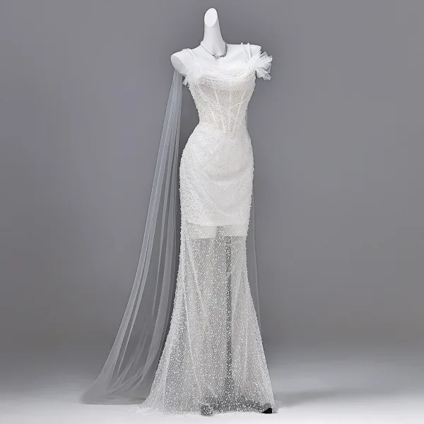 Scintillantes Blanche Perlage Perle Paillettes Robe De Soirée 2026 Trompette / Sirène Bretelles Spaghetti Sans Manches Dos Nu Longue Robe De Ceremonie
