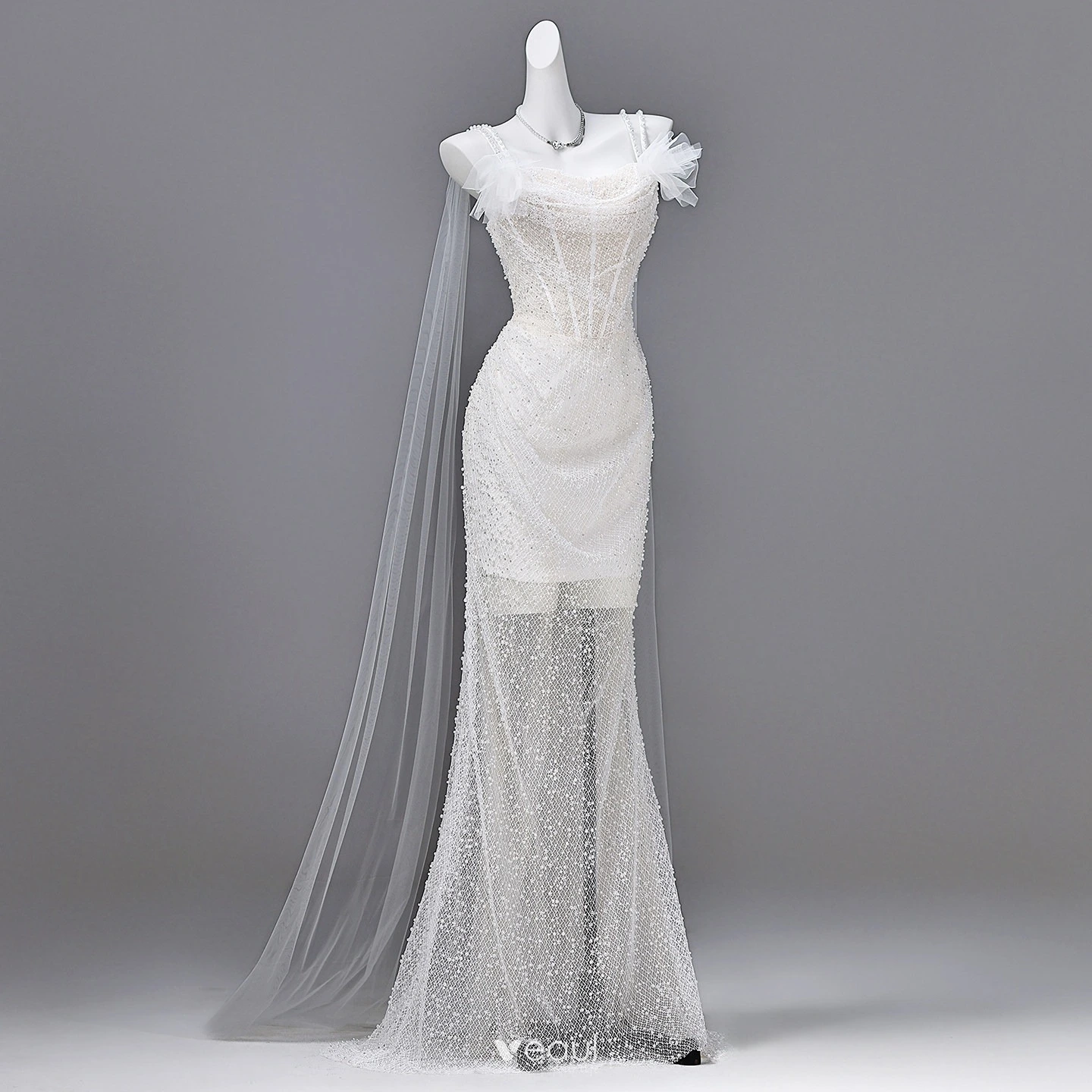 white sparkly formal dress Sparkly V Neck Star Lace White Long Prom Dresses, Lace White Wedding D –  abcprom main image 1