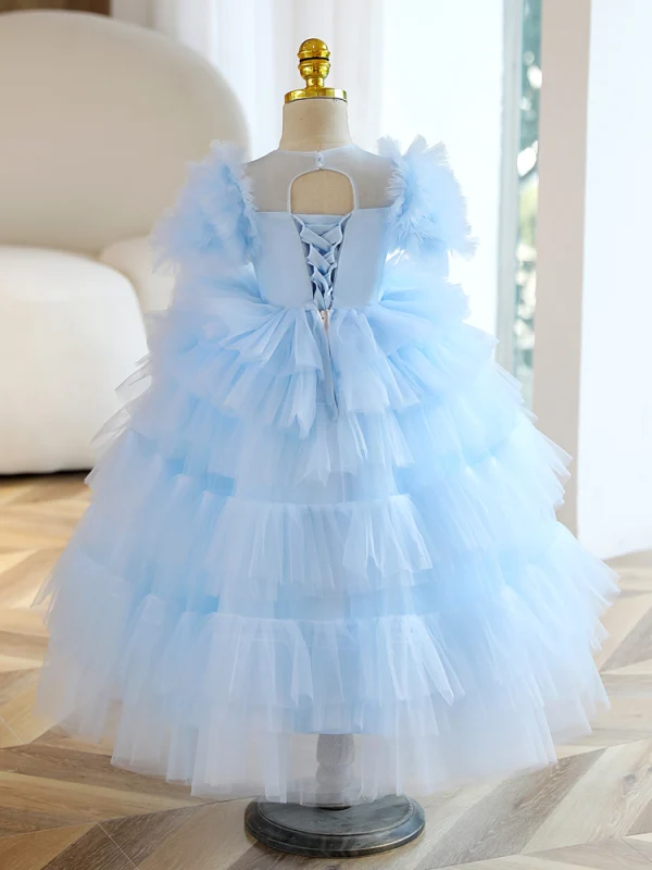 Fashion Sky Blue Beading Sequins Cascading Ruffles Birthday Flower Girl Dresses 2023 Ball Gown Scoop Neck Short Sleeve Backless Floor-Length / Long Flower Girl Dresses