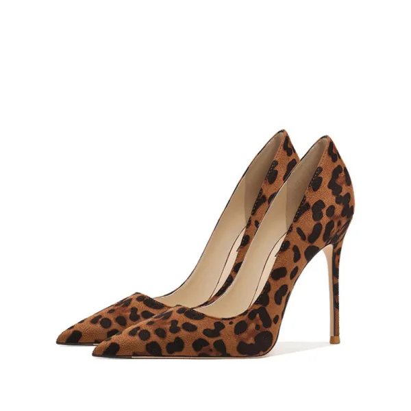Sexy Bruin Avond Luipaard Print Leer Pumps 2025 12 cm 12 cm Naaldhakken / Stiletto Spitse Neus Pumps Hoge Hakken