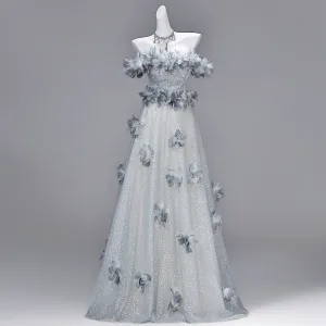 Charming Grey Beading Appliques Sequins Evening Dresses 2026 A Line Princess Off The Shoulder Short Sleeve Backless Floor Length Long Formal Dresses
