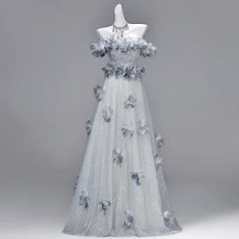 Charming Grey Beading Appliques Sequins Evening Dresses 2026 A Line Princess Off The Shoulder Short Sleeve Backless Floor Length Long Formal Dresses