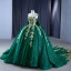High-end Dark Green Sequins Lace Flower Appliques Prom Dresses 2023 Ball Gown Square Neckline Sleeveless Backless Bow Royal Train Prom Formal Dresses