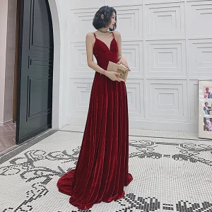 Charming Burgundy Suede Evening Dresses 2022 A Line Princess Spaghetti Straps Sleeveless Backless Floor Length Long Evening Party Formal Dresses