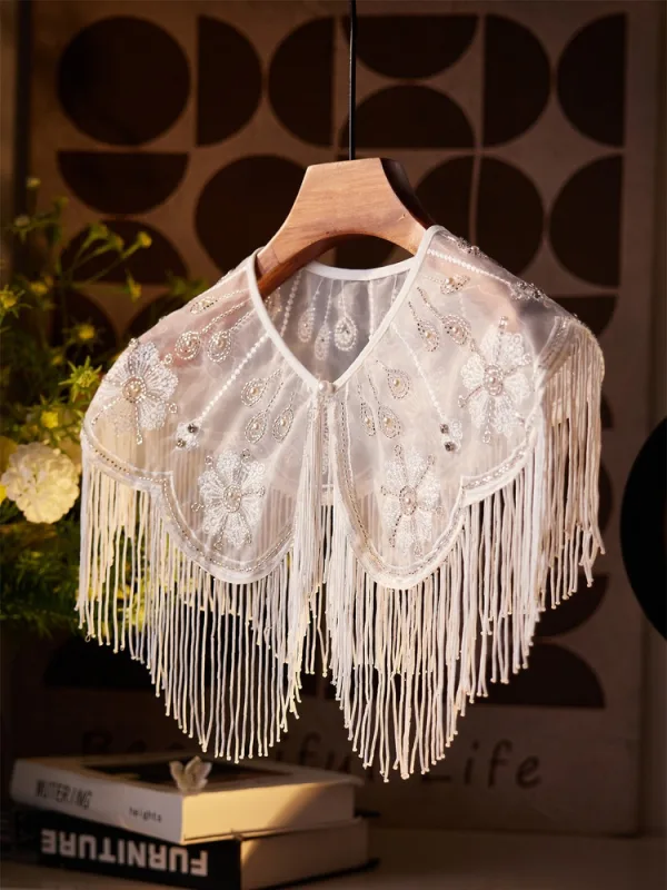 Charmig Vita Handgjort Beading Tassel Pärla Bal sjal 2025