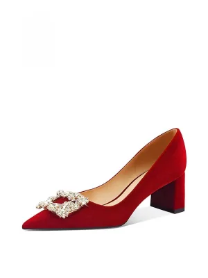 Chinese Style Red Rhinestone Wedding Shoes 2026 5 Cm Thick Heels Pointed Toe Wedding Pumps