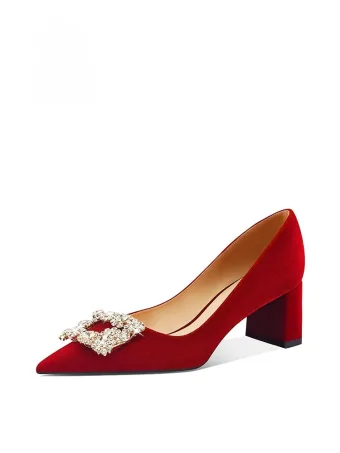 Chinese Style Red Rhinestone Wedding Shoes 2026 5 Cm Thick Heels Pointed Toe Wedding Pumps