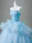 Elegant Sky Blue Appliques Beading Prom Dresses 2026 Ball Gown Strapless Sleeveless Backless Floor-Length / Long Prom Formal Dresses