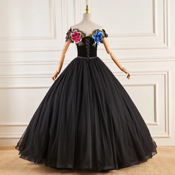 Ethnic Black Lace Flower Prom Dresses 2023 Ball Gown Off-The-Shoulder Short Sleeve Backless Bow Sash Floor-Length / Long Prom Formal Dresses