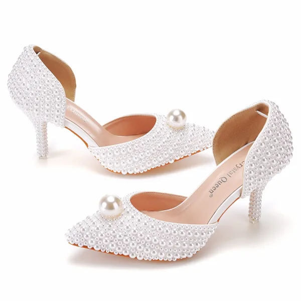 Chic / Beautiful White Pearl Wedding Shoes 2022 7 cm Stiletto Heels Pointed Toe Wedding High Heels