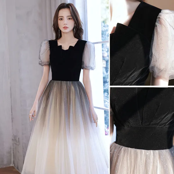 Chic / Beautiful Black Sequins Prom Dresses 2022 A-Line / Princess Square Neckline Short Sleeve Floor-Length / Long Prom Prom Dresses