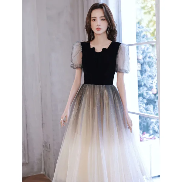 Chic / Beautiful Black Sequins Prom Dresses 2022 A-Line / Princess Square Neckline Short Sleeve Floor-Length / Long Prom Prom Dresses