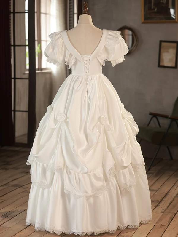 Vintage / Retro Ivory Lace Satin Wedding Dresses 2024 Ball Gown V-Neck Puffy Short Sleeve Backless Floor-Length / Long Wedding