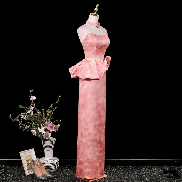 Sexy Candy Pink Evening Dresses 2026 Trumpet / Mermaid Strapless Sleeveless Backless Floor-Length / Long Evening Party Formal Dresses