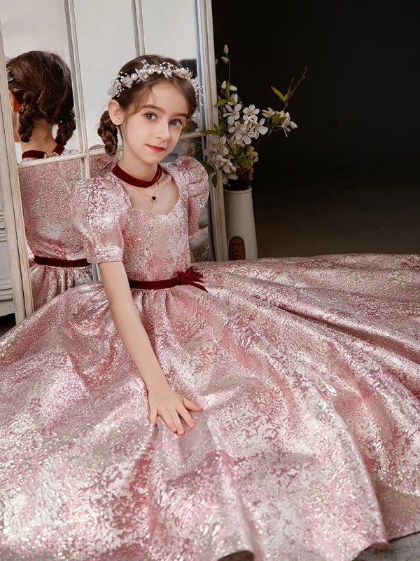 Elegant Blushing Pink Glitter Birthday Flower Girl Dresses 2024 Ball Gown Square Neckline Short Sleeve Bow Sash Floor-Length / Long