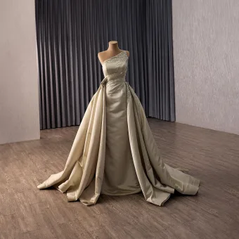 High End Yellow Handmade Beading Rhinestone Sequins Satin Prom Dresses 2026 Trumpet Mermaid One Shoulder Sleeveless Sweep Train Formal Dresses